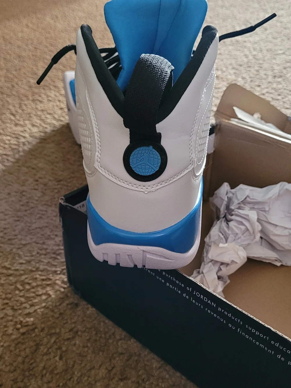 Jordan 9s White, Black and Carolina Blue High-Top Basketball Sneakers
